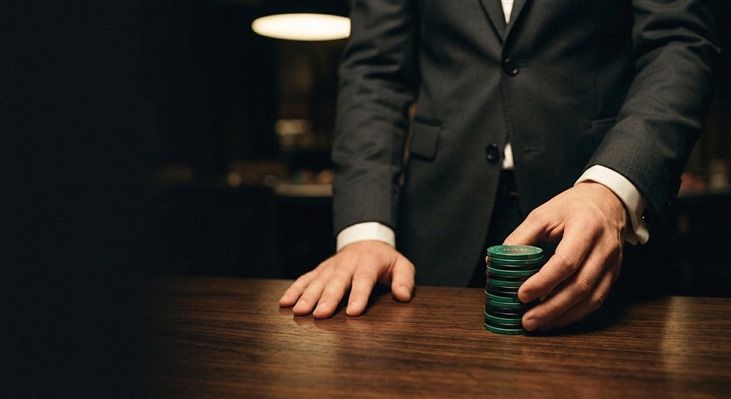 Gaming chips and cards on green felt table